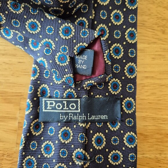 Vintage Polo By Ralph Lauren Hand Made in USA 100% Silk Medallion Neck-Tie Navy - Picture 4 of 6